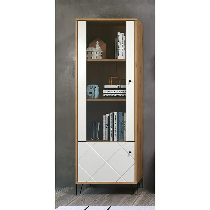 Trendteam Vitrine Touch - B x T x H: 63 x 40 x 172 cm, Weiß - Ein schlanker, moderner Schrank mit Holzrahmen, weißen Akzenten und Glasböden, ideal zur stilvollen Aufbewahrung und Präsentation von Gegenständen.