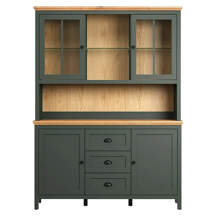 Trendteam Buffetschrank Stanton - Breite: 146 cm, Grün - Ein stilvoller Buffetschrank mit Glasvitrinen und Schubladen, ideal für die elegante Aufbewahrung von Geschirr und anderen Gegenständen.