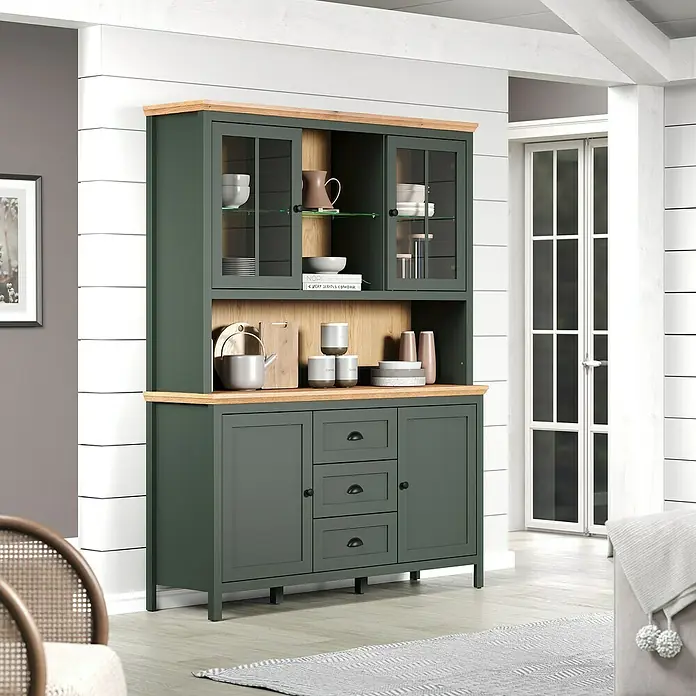 Trendteam Buffetschrank Stanton - Breite: 146 cm, Grün - Ein stilvolles grünes Buffet mit Holzplatte. Das Sideboard verfügt über Glasvitrinen und Schubladen zur Aufbewahrung.