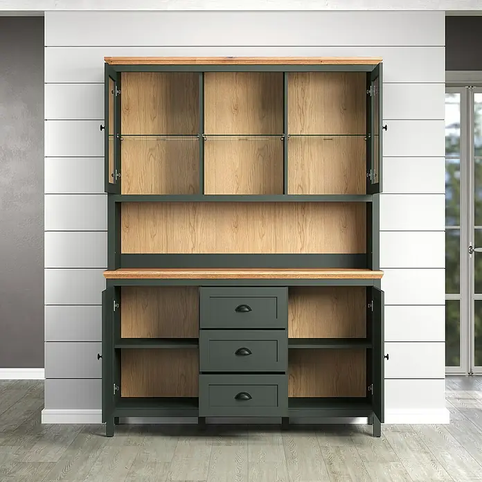 Trendteam Buffetschrank Stanton - Breite: 146 cm, Grün - Ein geräumiger, zweifarbiger Buffetschrank mit Holzoberfläche, der Stauraum mit offenen und geschlossenen Fächern bietet.