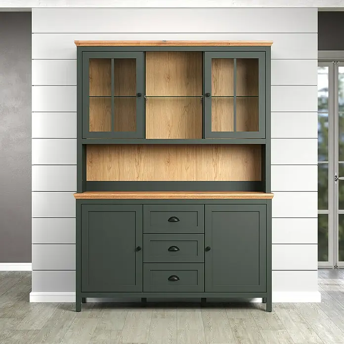 Trendteam Buffetschrank Stanton - Breite: 146 cm, Grün - Abgebildete Küchenanrichte mit Glasvitrine. Der Küchenschrank hat Schubladen und Ablagefläche und bietet dadurch viel Stauraum.