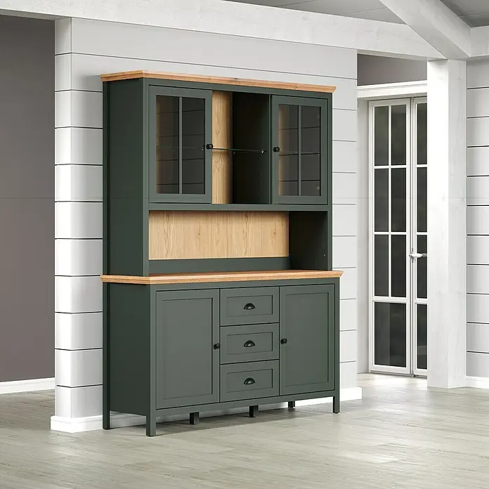 Trendteam Buffetschrank Stanton - Breite: 146 cm, Grün - Elegantes Buffet aus Holz und Glas in dunklem Grün mit Schubladen und Schrankfächern. Perfekt für Esszimmer oder Küche.