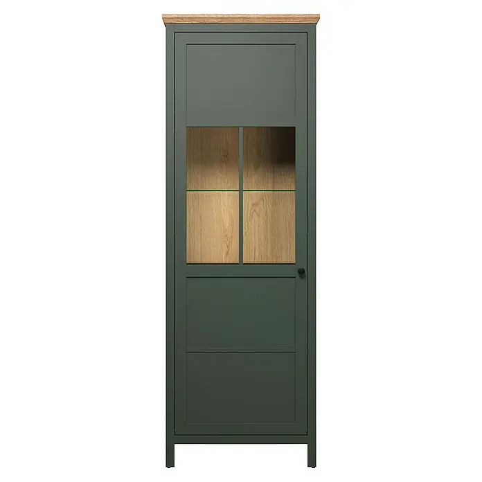 Trendteam Vitrine Stanton - B x T x H: 69 x 39 x 198 cm, Grün - Elegantes graues Vitrinenschrank mit Holzakzenten und Glasregalen. Ein stilvolles Möbelstück zur Aufbewahrung und Präsentation von Dingen.