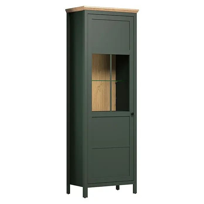 Trendteam Vitrine Stanton - B x T x H: 69 x 39 x 198 cm, Grün - Ein eleganter, dunkelgrüner Vitrinenschrank mit Holzelementen und einer Glastür, ideal zur stilvollen Präsentation von Lieblingsstücken.