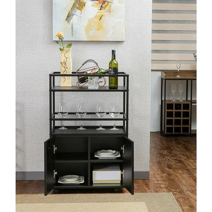 Trendteam Beistellwagen Mosaik - B x T x H: 60 x 40 x 94 cm - Bild eines stilvollen, schwarzen Barschranks mit Ablageflächen, Gläsern und Flaschen, ideal für die Präsentation von Getränken und Zubehör.