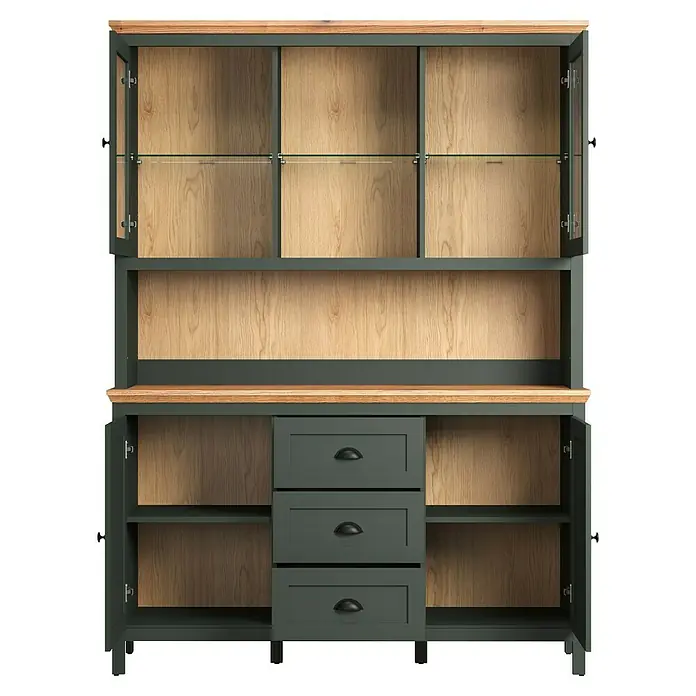 Trendteam Buffetschrank Stanton - Breite: 146 cm, Grün - Ansicht eines offenen Buffetschranks mit Glasböden oben und Schubladen sowie Regalen unten.