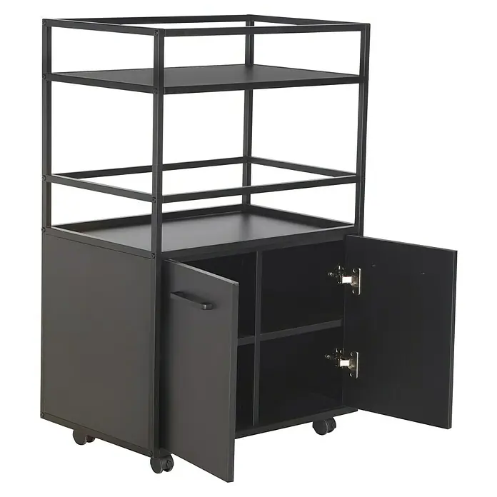 Trendteam Beistellwagen Mosaik - B x T x H: 60 x 40 x 94 cm - Schwarzes Küchenregal mit Metallrahmen, zwei Regalen und einem Schrank mit offenen Türen für zusätzlichen Stauraum.