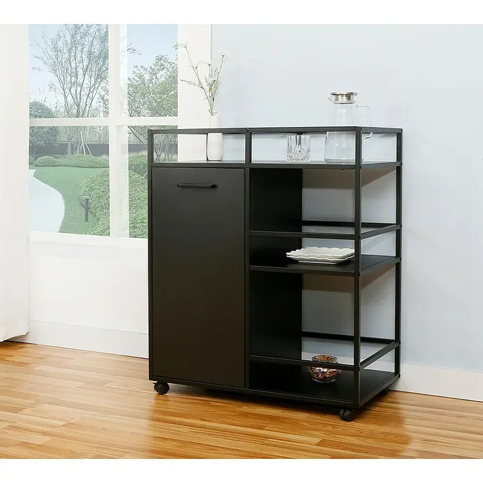 Trendteam Beistellwagen Mosaik - B x T x H: 60 x 40 x 94 cm - Schwarzer Servierwagen mit Glasablagen und Schrank für zusätzlichen Stauraum und stilvolles Design.