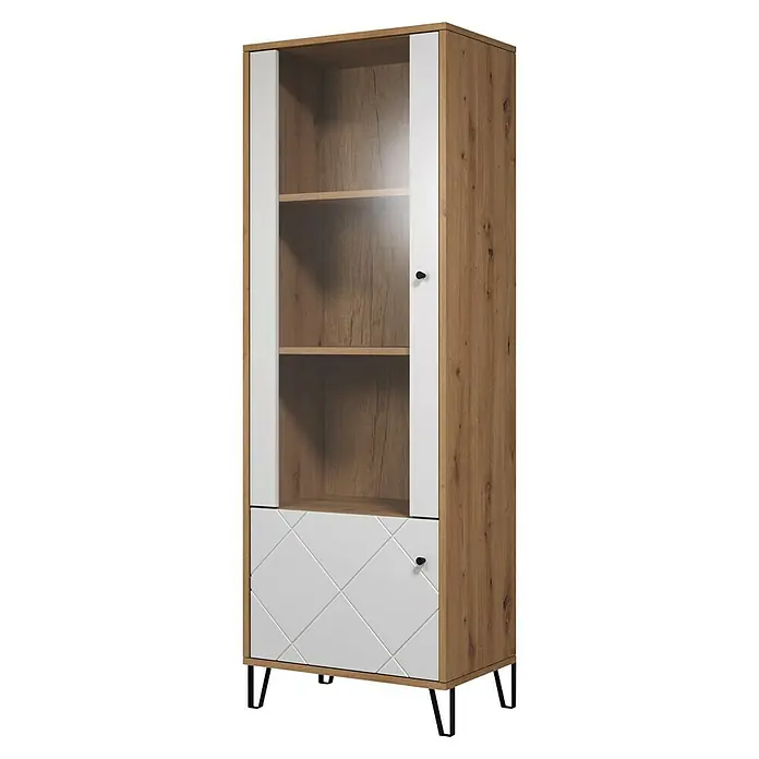 Trendteam Vitrine Touch - B x T x H: 63 x 40 x 172 cm, Weiß - Abgebildeter Schrank mit Holzstruktur und weißen Akzenten. Das Möbelstück bietet sowohl offene Regale als auch eine geschlossene Schublade.
