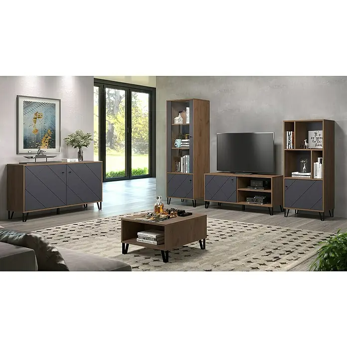 Trendteam Vitrine Montez - B x T x H: 63 x 40 x 172 cm, Grau - Elegante Wohnzimmereinrichtung mit TV-Möbel, Bücherregal, Kommode und Couchtisch in Holz- und Anthrazitoptik, die modernen Stil und Funktionalität vereinen.