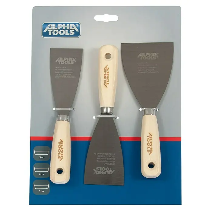 Alpha Tools Spachtel-Set - 3 -tlg. - Ein Set aus drei ALPHA TOOLS Spachteln mit Holzgriffen und verschiedenen Klingenformen, ideal für diverse Spachtelarbeiten.