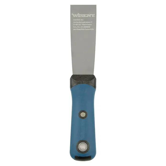 Wisent Malerspachtel mit Softgriff - Klingenbreite: 40 mm - Ein blau-schwarzer Wisent Schaber mit einer silbernen Klinge, ideal zum Entfernen von Farbe und Tapetenresten.