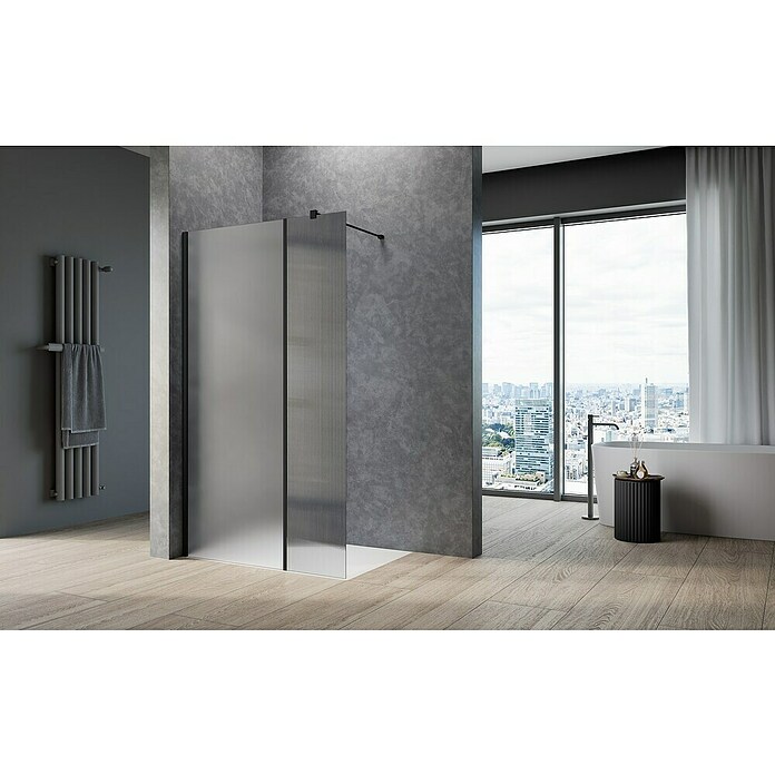 Camargue Meran Mix & Match Duschwand (B x H: 100 x 200 cm, Beschichtet, Schwarz, B: 400mm Wellenglas + B: 570mm Satiniertes Glas) | BAUHAUS
