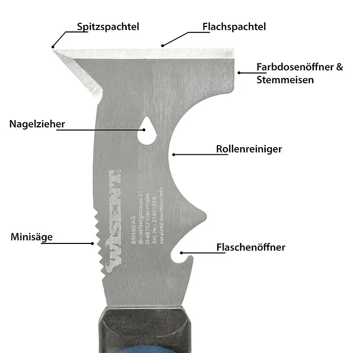 Wisent Multifunktionsspachtel - Klingenbreite: 75 mm - Bild einer Spachtel mit mehreren Funktionen wie Spitz- und Flachspachtel, Farbdosenöffner, Stemmeisen, Rollenreiniger, Flaschenöffner und Minisäge.