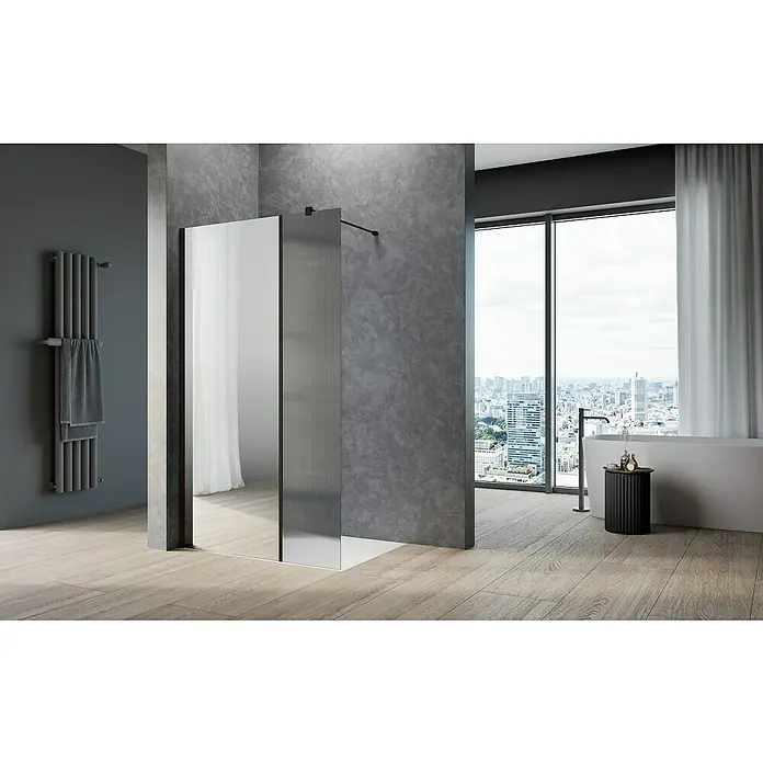 Camargue Meran Mix & Match Duschwand - B x H: 90 x 200 cm, Beschichtet, Schwarz, B: 570mm Spiegelglas + B: 300mm Wellenglas - Stylische Duschkabine mit klarem Glas und geriffelten Akzenten in einem modernen Badezimmer mit Stadtblick.