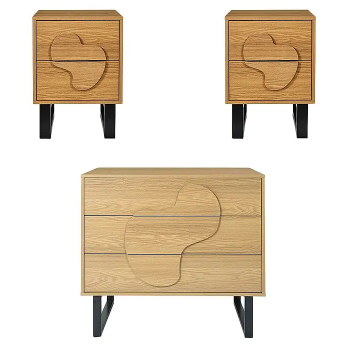 Home Deco Factory Calypso Cómoda con mesitas - 3 pzs., Marrón/Negro, Relieves curvos - Elegante cómoda de madera y mesitas de noche con un elegante diseño ondulado. Perfecto para un dormitorio moderno.