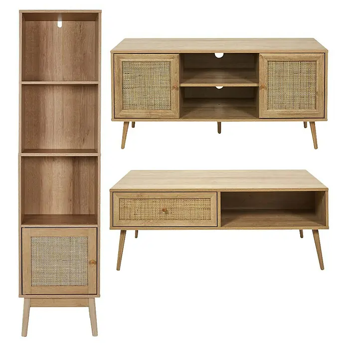 Home Deco Factory Bali Conjunto mueble de salón - 3 pzs., Marrón, Con ratán trenzado - Conjunto de muebles de madera clara con estanterías, mueble de TV y mesa de centro, ideal para un salón moderno. Práctico y elegante.