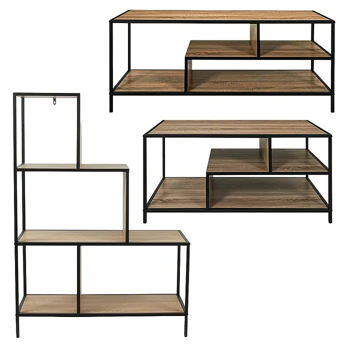 Home Deco Factory Edison Conjunto mueble de salón - 3 pzs., Negro/Marrón - La imagen muestra una estantería moderna con estantes de madera y marco metálico negro, ofreciendo un aspecto elegante.
