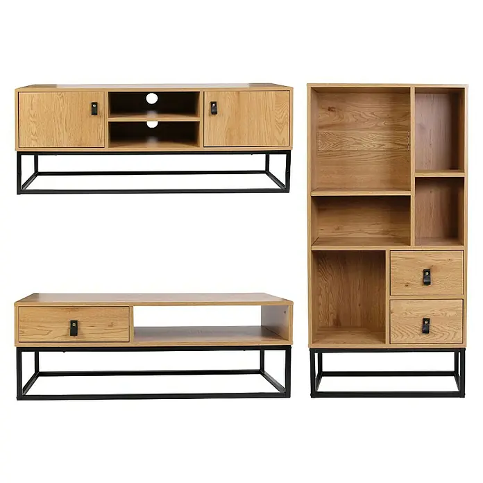 Home Deco Factory Abbot Conjunto mueble de salón - 3 pzs., Marrón/Negro - Moderno conjunto de salón con mueble de TV de madera, estante de pared y aparador, complementado con estructuras metálicas negras.