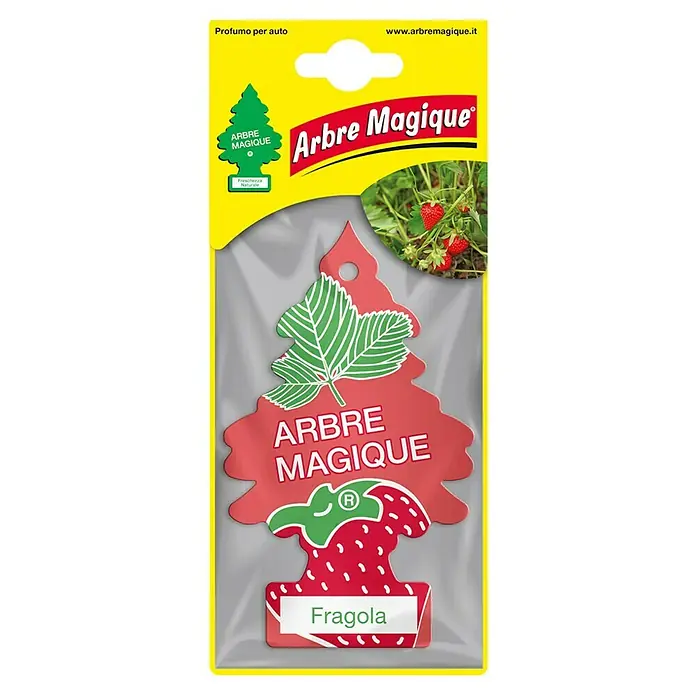 Ambientador de coche Abeto - Fresa - Ambientador para coche "Arbre Magique" aroma Fresa: Un ambientador rojo en forma de árbol con diseño de fresa, ideal para un aroma fresco en tu coche.