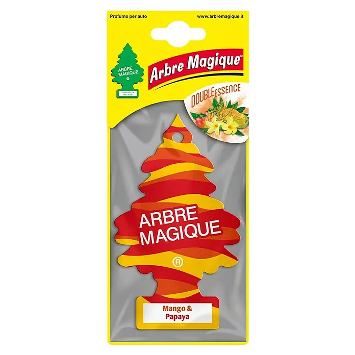 Ambientador de coche Abeto - Mango y Papaya - Ambientador "Arbre Magique Double Essence" con aroma de mango y papaya, envasado en amarillo y gris.