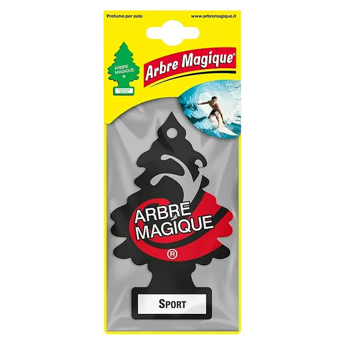 Ambientador de coche Abeto - Sport - Imagen del producto de un ambientador de coche "Arbre Magique Sport" con forma de abeto, empaquetado en papel de aluminio amarillo, con un motivo de surfista.