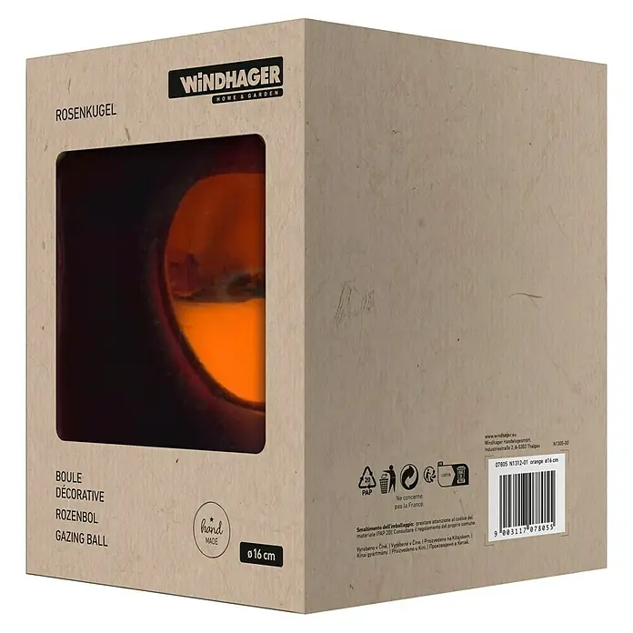 Windhager Glaskugel - Durchmesser: 16 cm, Orange - Verpackung einer Windhager Rosenkugel „Home & Garden“, orange, Ø16cm, mit Produktinformationen und Barcode für den Einzelhandel.