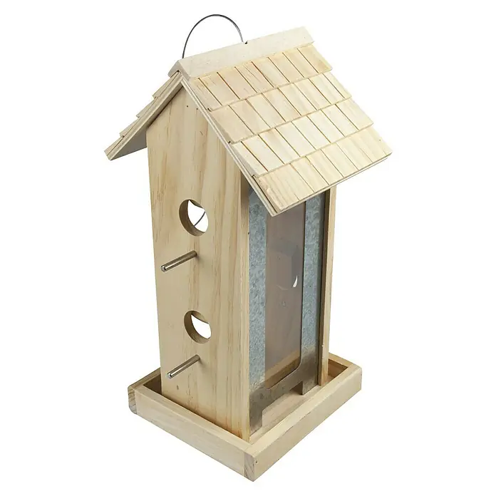 Windhager Vogelhaus Country - L x B x H: 17,5 x 19 x 38 cm, Massivholz, Braun - Holz-Vogelhaus mit Schindeldach und Futteröffnungen mit Sitzstangen, ideal für den Garten und die Beobachtung von Vögeln.
