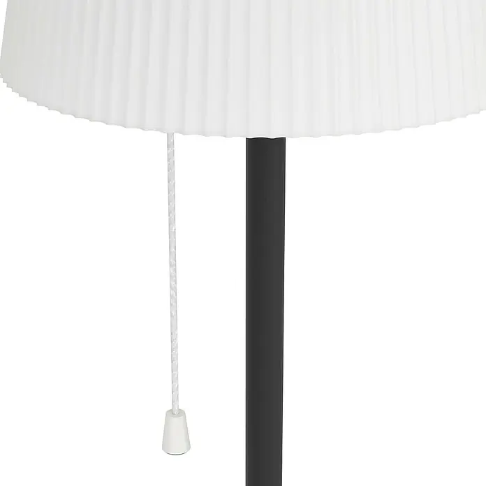 Eglo Solar-Stehleuchte Scordiano-L - Schwarz/ Weiß, IP20, Ø x H: 13 x 120 cm - Nahaufnahme einer Stehlampe mit weißem Lampenschirm und schwarzem Ständer, der minimalistisches Design und Beleuchtung vereint.