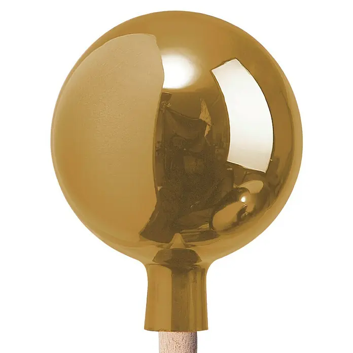 Windhager Glaskugel - Durchmesser: 12 cm, Gold - Goldene Kugel auf einem Holzstab. Das Produkt ist glänzend und reflektiert das Licht, perfekt für Dekoration oder als stilvolles Accessoire.