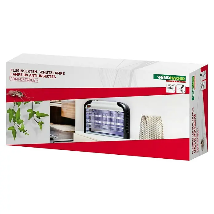 Windhager UV-Mückenlampe Comfortable+ - 40 W, Wirkungsbereich: 100 m² - Produktverpackung für eine UV-Insektenlampe von Windhager, die fliegende Insekten bekämpft und für komfortable Anwendung im Haus und Garten sorgt.