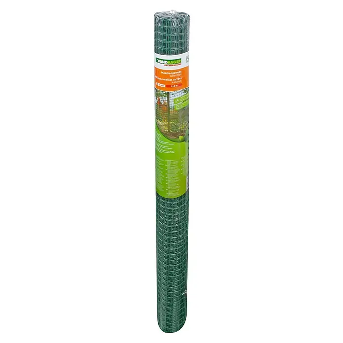 Windhager Drahtgitter - Grün, B x H: 3 x 1 m, Maschenweite: 20 x 20 mm - Ein grünes Windhager Maschengewebe aus Kunststoff, zusammengerollt und mit einer Banderole versehen, ideal für den Garteneinsatz.