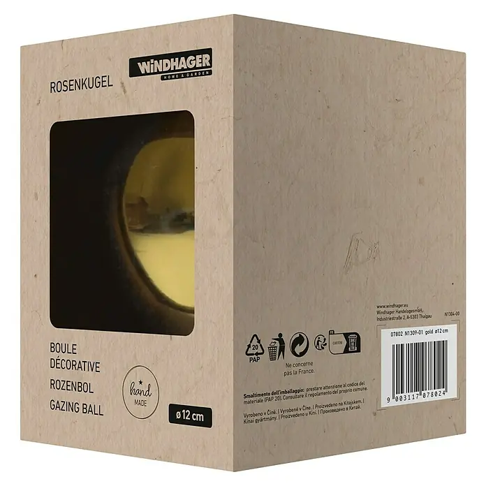 Windhager Glaskugel - Durchmesser: 12 cm, Gold - Verpackung einer goldenen Rosenkugel von Windhager Home & Garden mit Ø 12 cm Durchmesser.