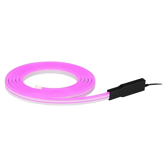 Eglo Connect LED-Stripes Flatneon Z - Länge: 3 m, 2.000 lm, RGBW - Nahaufnahme einer flexiblen, rosa LED-Leuchte mit schwarzem Stecker, ideal für moderne Akzentbeleuchtung und dekorative Beleuchtungslösungen.