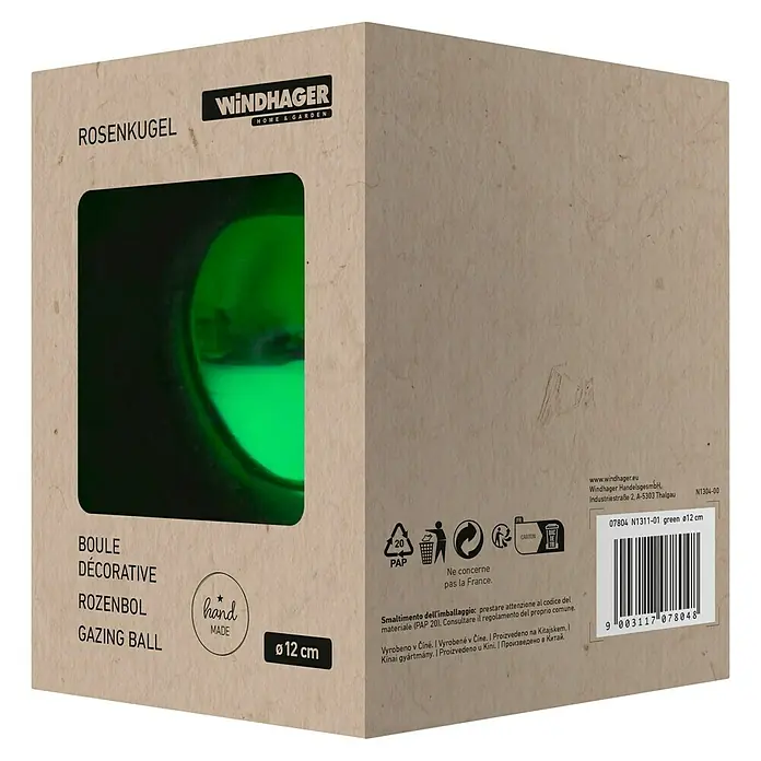 Windhager Glaskugel - Durchmesser: 12 cm, Grün - Nahaufnahme der Verpackung einer grünen Glaskugel, ideal für Garten und Terrasse.