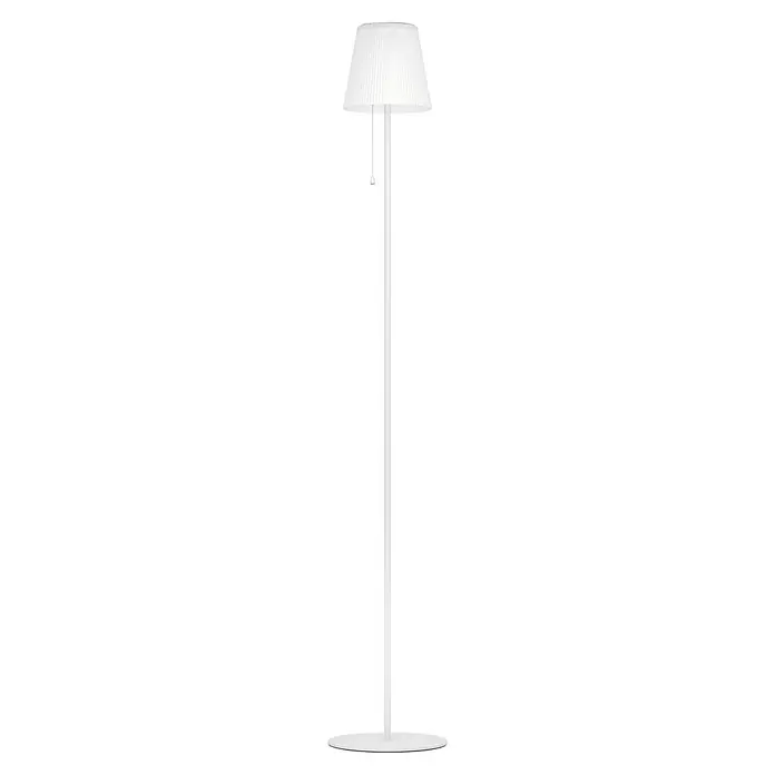 Eglo Solar-Stehleuchte Scordiano-L - Weiß, IP20, Ø x H: 13 x 120 cm - Diese Aufnahme zeigt eine elegante, weiße Stehlampe mit einem plissierten Lampenschirm, ideal für eine stilvolle Beleuchtung im Raum.