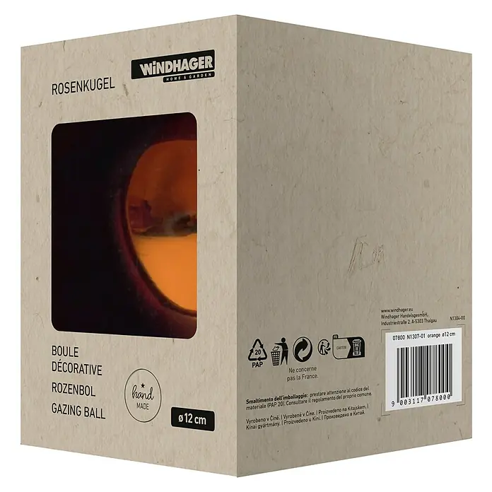 Windhager Glaskugel - Durchmesser: 12 cm, Orange - Verpackung einer orangefarbenen Rosenkugel von Windhager, Gartendeko mit 12 cm Durchmesser, hergestellt in China.