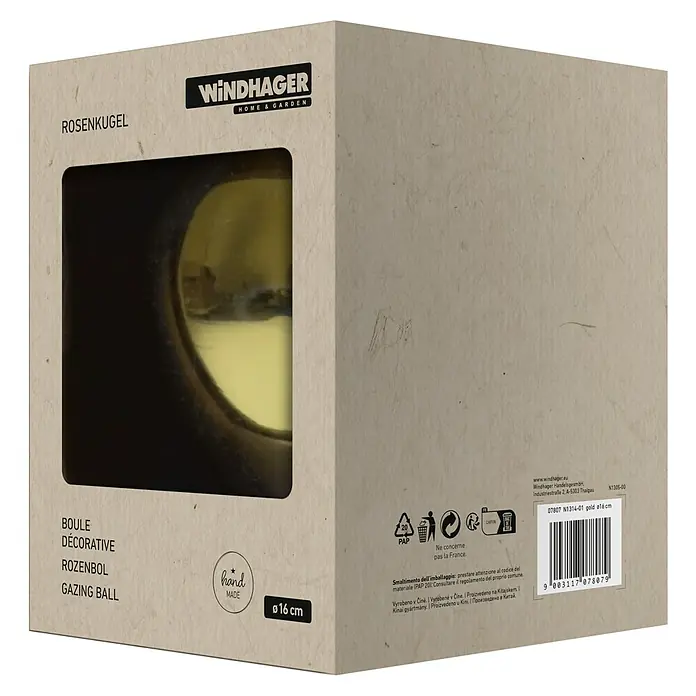 Windhager Glaskugel - Durchmesser: 16 cm, Gold - Verpackung einer goldenen Rosenkugel von Windhager Home & Garden, Ø 16 cm. Dekorativer Garten-Blickfang für den Außenbereich.