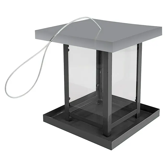 Windhager Futtersilo View - L x B x H: 16 x 16 x 17,5 cm, Schwarz/Silber, Metall - Ein grauer, viereckiger Vogelfutterspender mit einem transparenten Gehäuse und einem silbernen Aufhängeseil.
