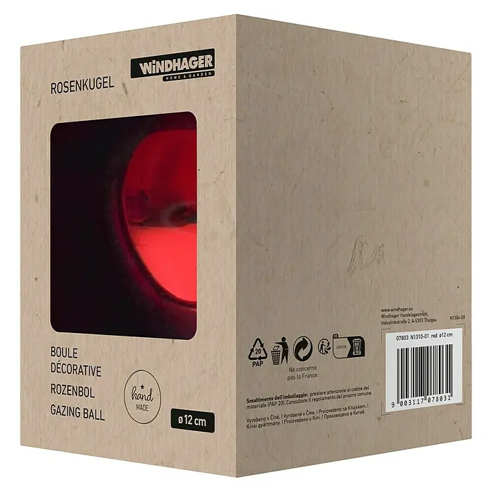 Windhager Glaskugel - Durchmesser: 12 cm, Rot - Eine Windhager Rosenkugel "Home & Garden", handgefertigt, Durchmesser 12cm, verpackt in einem ansprechenden Karton.