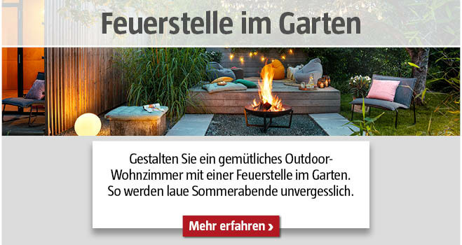 Feuerschale im Garten mit gemütlicher Sitzecke, Titel Feuerstelle im Garten