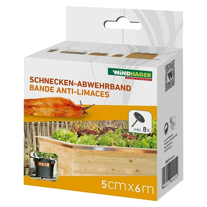 Windhager Schneckenband - 5 x 600 cm, Kupfer - Produktverpackung Schnecken-Abwehrband von Windhager für den Garten, 5cm x 6m Rolle. Inklusive 8 Befestigungsstifte zur einfachen Montage.