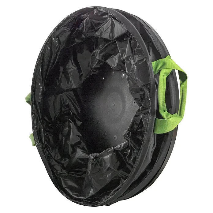 Windhager Pop-Up Gartenabfallsack Baglong-Life - Fassungsvermögen: 170 l, Ø x H: 56 x 70 cm, Schwarz - Ansicht eines Pop-up-Gartenabfallbehälters mit schwarzer Plane im Inneren und einem grünen Griff an der Außenseite.