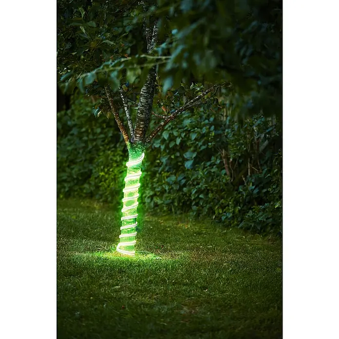 Eglo Connect LED-Stripes Flatneon Z - Länge: 3 m, 2.000 lm, RGBW - Baumstamm mit grüner Lichterkette umwickelt, die für eine märchenhafte Gartenbeleuchtung sorgt.