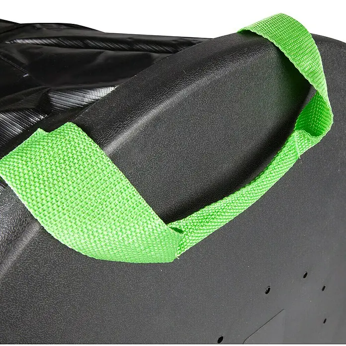 Windhager Pop-Up Gartenabfallsack Baglong-Life - Fassungsvermögen: 170 l, Ø x H: 56 x 70 cm, Schwarz - Nahaufnahme eines schwarzen Koffers mit einem hellgrünen Tragegurt.