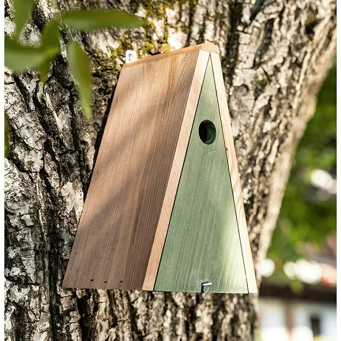 Windhager Nistkasten Delta - L x B x H: 14 x 18 x 28 cm, Birke, Braun/Grün - Das dreieckige Vogelhaus in Braun und Grün hängt an einem Baum und bietet Vögeln ein sicheres Zuhause.
