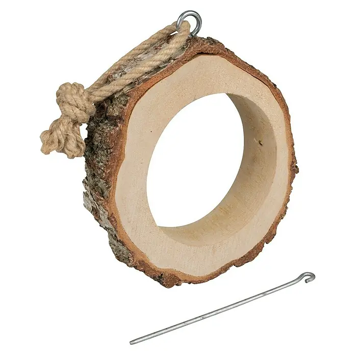 Meisenknödelhalter - Birke, Braun - Ein naturbelassenes Baumscheiben-Hängeversteck mit Seilaufhängung für kleine Haustiere, ideal zum Klettern und Spielen.