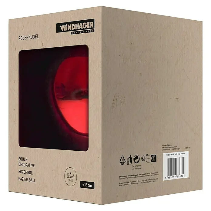 Windhager Glaskugel - Durchmesser: 16 cm, Rot - Nahaufnahme der Verpackung einer roten Windhager Rosenkugel mit einem Durchmesser von 16 cm für Haus und Garten.