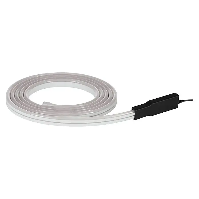 Eglo Connect LED-Stripes Flatneon Z - Länge: 5 m, 3.400 lm, RGBW - Dieses Bild zeigt eine flexible LED-Leiste mit einer schwarzen Endkappe, ideal für dekorative Beleuchtung und Akzente im Innenbereich.