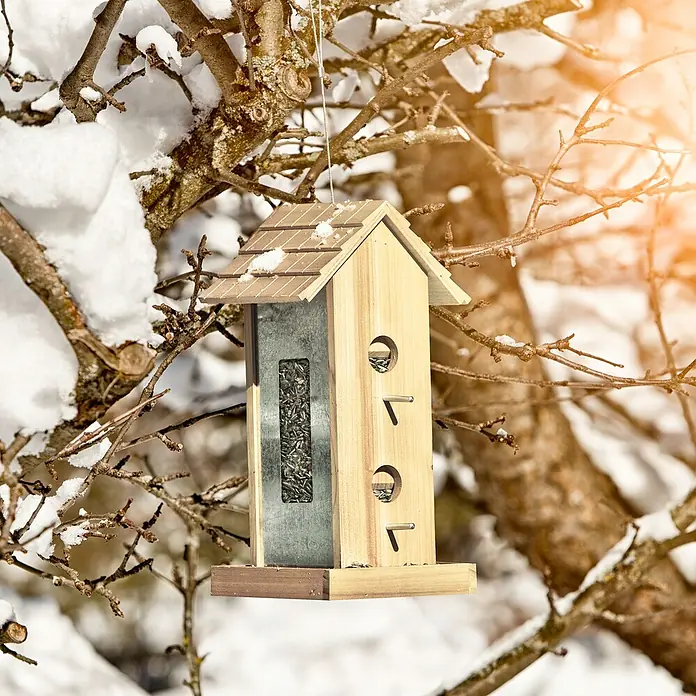 Windhager Vogelhaus Country - L x B x H: 17,5 x 19 x 38 cm, Massivholz, Braun - Nahaufnahme eines Vogelhauses, das an einem verschneiten Baum hängt und mit Sonnenblumenkernen gefüllt ist, während es auf Vögel wartet.